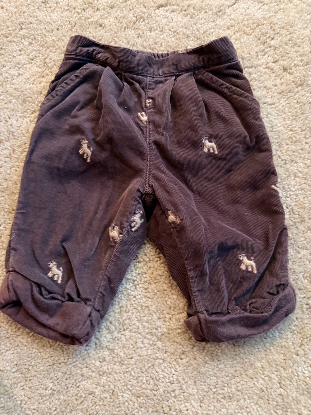 0-3 M Embroidered Puppy Corduroy Kids Pants - Dark Brown